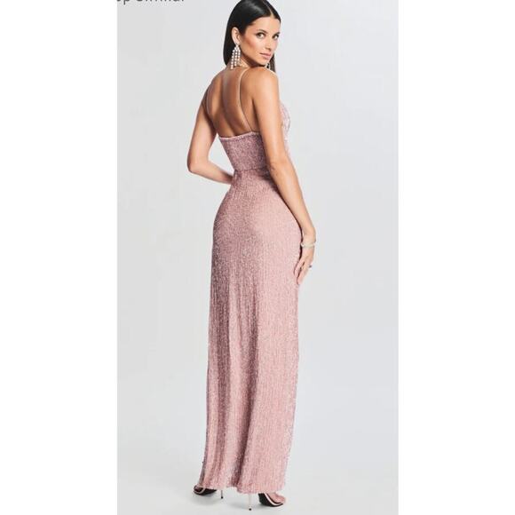 Retrofete Katya Sequin Maxi Dress Size L Dusty Peach Pink Cowl Neck Slit - Picture 4 of 13